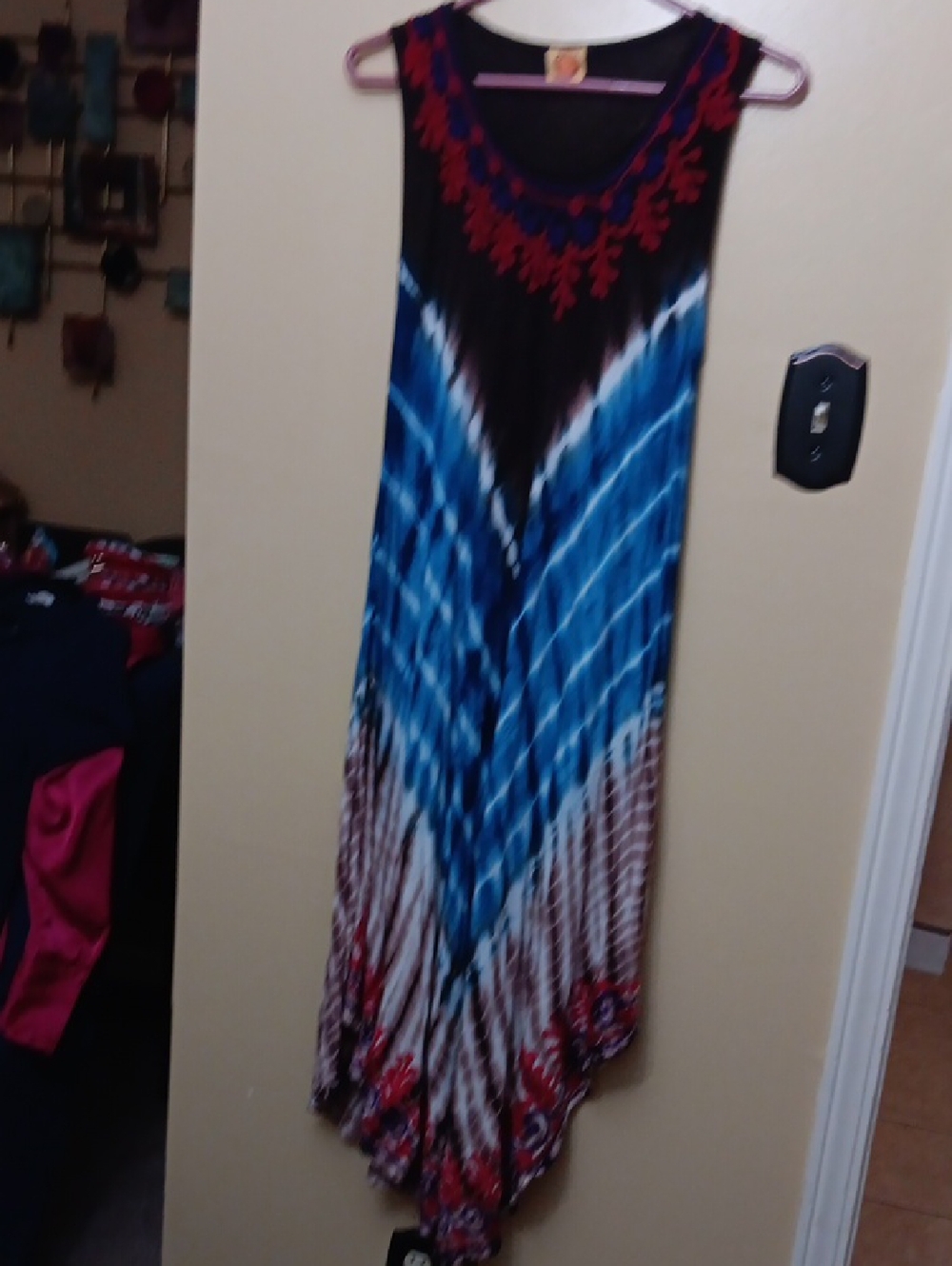 Boho Tie-Dye Blue Maxi Dress with Red Embroidered Neckline